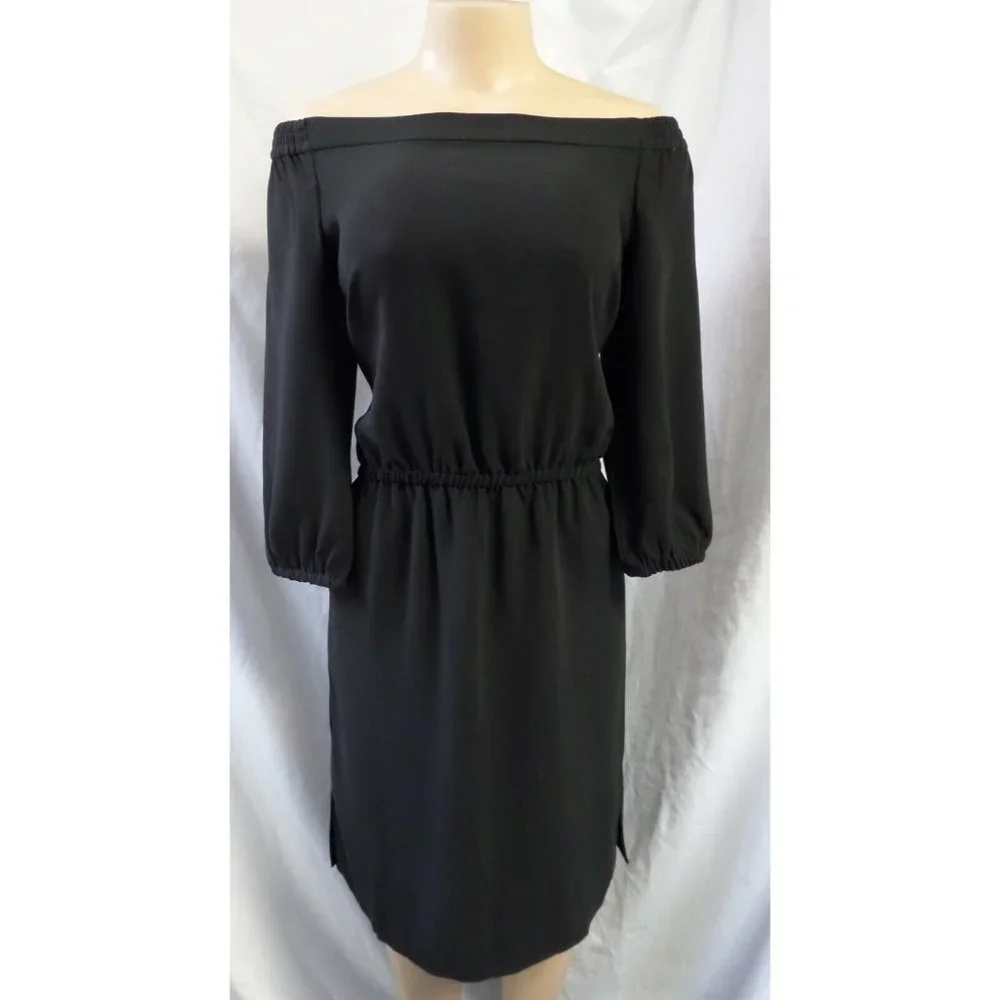 "ANN TAYLOR" BLACK  OFF-SHOULDER BLOUSON A LINE 3/4 SLEEVES DRESS SIZE: 6 NWT - Picture 2 of 4
